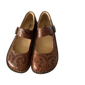 Alegria Paloma Brown Embossed Floral Leather Mary Jane Clogs Shoes Size 36 US 6